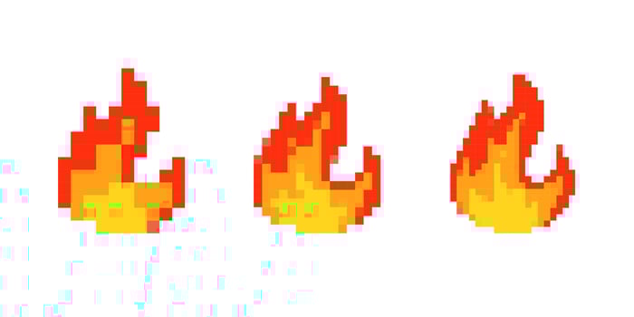 Mosaic pixel flames depicting classic 8 bit style in retro fire icon collection vector