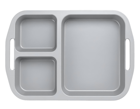 modern rectangular food tray with three compartments and built-in utensil handles, minimal grey cafeteria style divided plate, top view isolated png