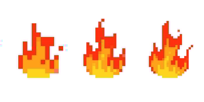 Mosaic pixel art fire icons showing bright flame in retro 8 bit style for game design vector