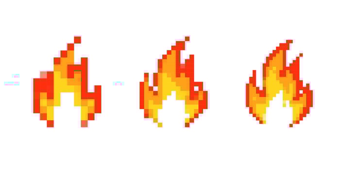 Mosaic pixel icons of fiery flames in retro 8 bit style for nostalgic game designs vector
