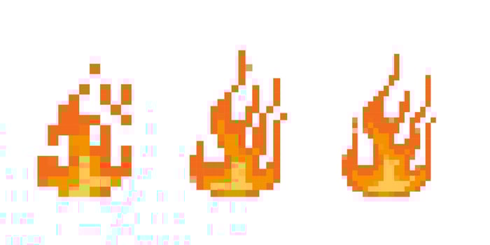 Mosaic pixel art flames in retro style featuring three dynamic fire icons vector