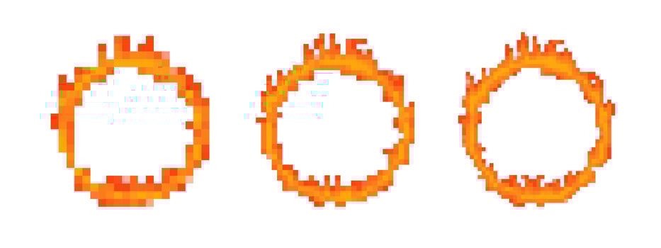Mosaic pixel fire rings with vibrant flames in retro 8 bit style vector