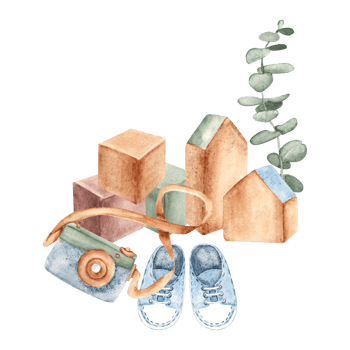 Eco Baby composition. Wooden toys, cubes and camera, baby sneakers and eucalyptus branches. Watercolor hand drawn kid illustration. For baby shower or welcome baby party png