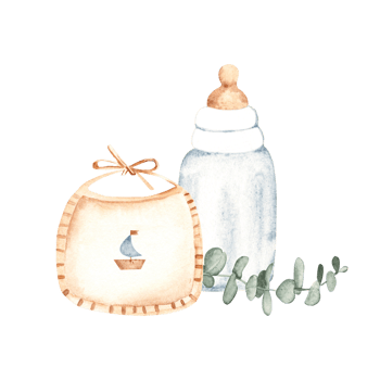 Newborn Boy Composition. Baby Bib with a boat, Bottle for milk and eucalyptus branch. Watercolor hand drawn illustration of cute Infant accessories in eco style. For invitations, Gender party, Baby png