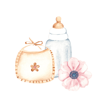 Newborn Girl Composition. Baby Bib with a flower, Bottle for milk and Anemone. Watercolor hand drawn illustration of cute Infant accessories in eco style. For invitations, Gender party, Baby shower png