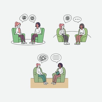 Diverse women engaged in therapy sessions, representing mental health support. vector
