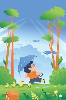 Illustration of a boy with an umbrella walking through the woods with ducks. Children's illustration. A picture for a children's book. vector