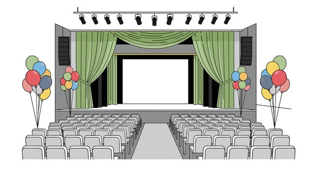 Auditorium Interior Design with Stage Seating and Balloons for Event Decoration Theme vector