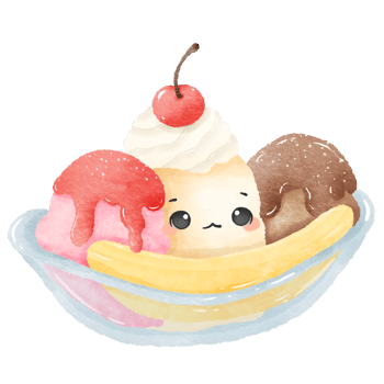 Cute Kawaii ice cream sundae with banana split with cute face Summer Dessert Illustration with Straw Watercolor Style for Kids Stickers Sublimation Greeting Cards and Digital Planners png