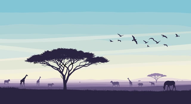 Serene Pixelated African Savannah Landscape Animals Tree Silhouette Birds Nature Art Photography vector