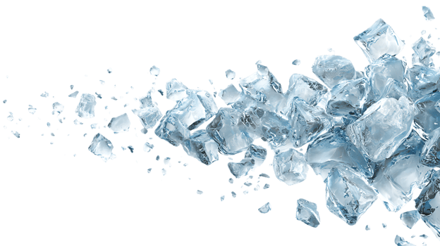 A dynamic cascade of clear angular ice cubes and fragments tumbling and scattering across a dark void isolated on transparent background png