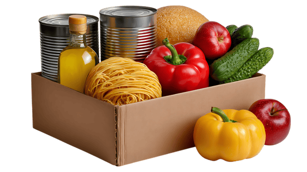 A cardboard box filled with assorted groceries including canned goods pasta fresh vegetables fruits and a bottle of olive oil isolated on transparent background png