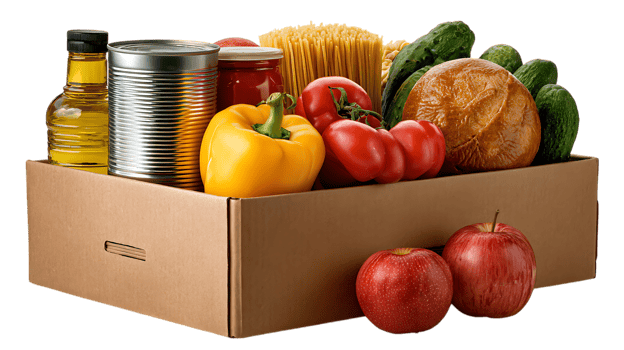 Cardboard box filled with fresh groceries including apples bread vegetables pasta and canned goods isolated on transparent background png