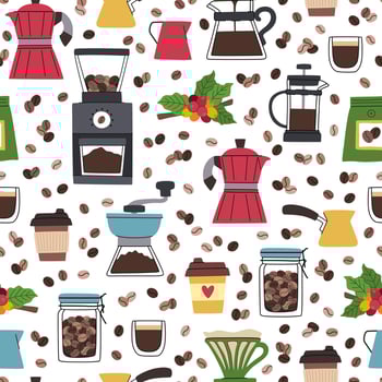 Colorful coffee brewing tools and beans pattern vector