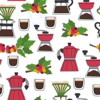 Coffee brewing tools and beans pattern vector