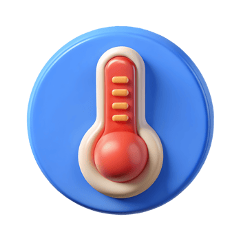 3D thermometer icon with a red and orange scale on a blue circular background indicating temperature levels on a transparent background png