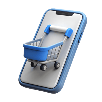 3D rendering of a modern smartphone with a blue shopping cart emerging from the screen symbolizing online shopping on a transparent background png