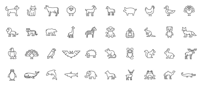 Animal Line Art Icon Set Minimal Outline Icons of Wild, Farm, and Pet Animals vector