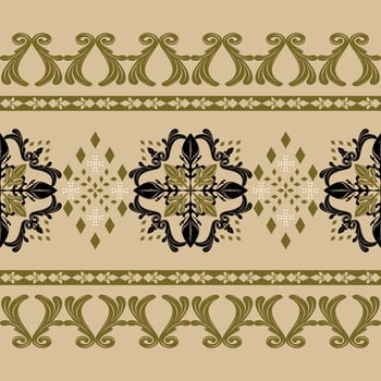 Golden Damask Victorian Baroque Rococo Combine Era Scroll Ornament With Royal Gold White Black on Tan Beige Background. Elegance Ikat Luxury Border Pattern for Apparel Bedding Embroidery Mattress Lace vector