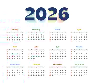 2026 colorful annual calendar template for a printable design. 2026 New Year Calendar vector