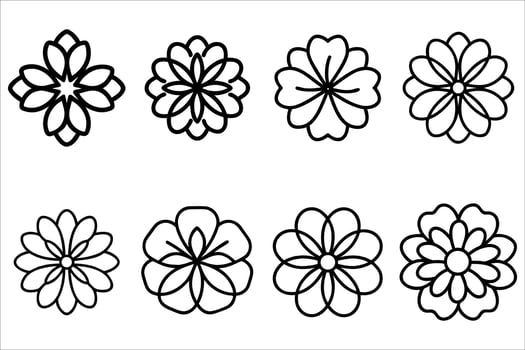 Diverse Floral Outlines A Collection of Stylized Flower Illustrations Depicting Various Petal Arrangements and Botanical Designs in Black and White vector