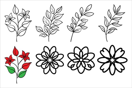 Botanical Line Art Collection featuring Flowers, Twigs and Leaves with Bold Outlines on a White Background for Design Elements vector