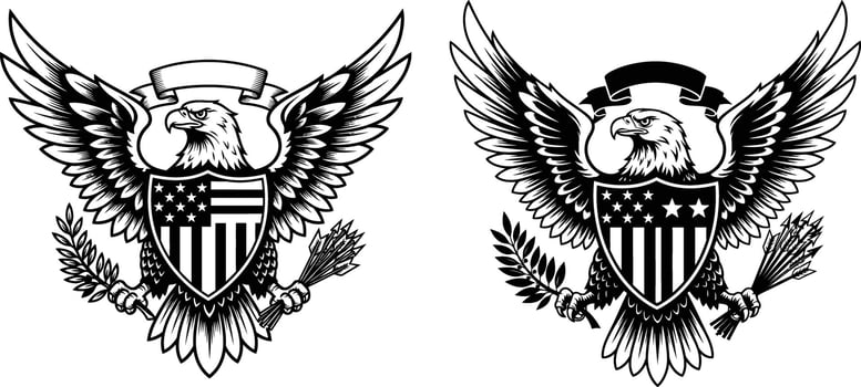 American Eagle Featuring Shield with Stars and Stripes, Banner, and Arrows vector