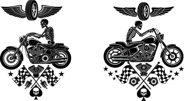 Biker Skeleton Riding Motorcycle Illustration with Winged Tire, Flags and Spade Skull vector