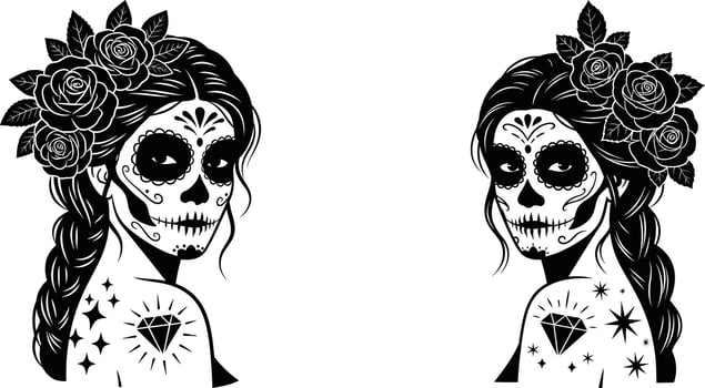 Calavera Catrina Featuring Rose Adornments and Diamond Tattoo Design For Dia de Los Muertos vector