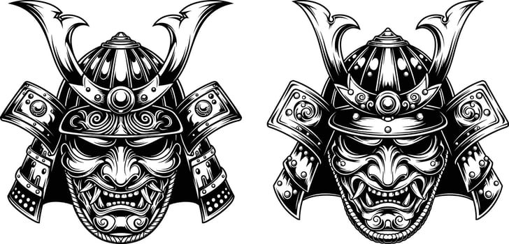 Detailed Samurai Mask Duo, Japanese Armor Illustration, Bushido Spirit, and Martial Arts Design vector