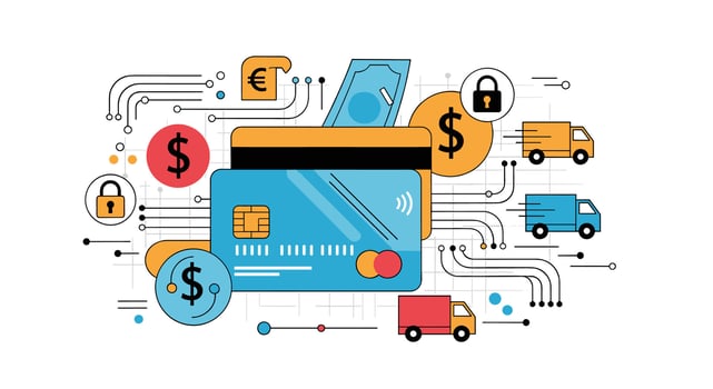 Digital Payment Solutions Secure Transactions Fast Delivery Truck Icon Currency Symbols Credit Card vector