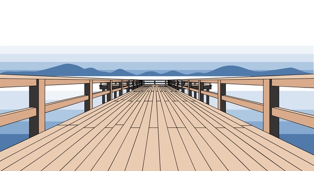 A Peaceful Escape Over the Water Pier Extending to Mountain Blue Horizon View vector