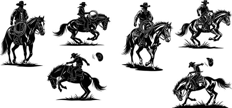 Silhouette Cowboys Riding Horses, Lassoing, and Bucking, Western Lifestyle, Rodeo Clipart Elements vector