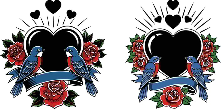 Traditional Tattoo Design Birds, Hearts, Roses, and Ribbon Banners in Love Concept vector