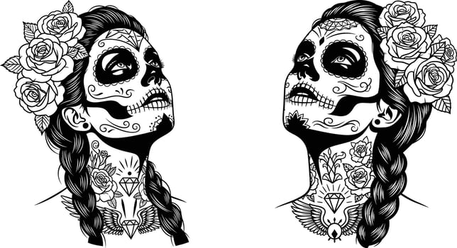 Two Calavera Women Day of the Dead Makeup, Flowers, Braids, and Diamond Tattoos vector