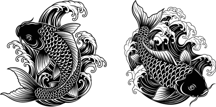 Two Detailed Koi Fish Illustrations with Flowing Water Designs, Artistic Japanese Art vector