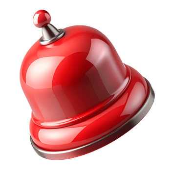 Red fire alarm bell 3d isolated, emergency safety equipment with metallic shine png