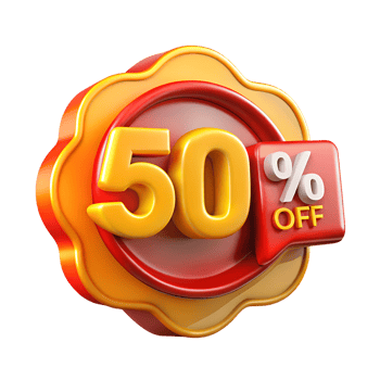 50 off discount badge, orange and red sale tag, promotional sticker isolated png
