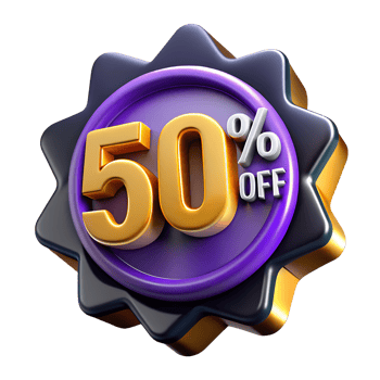 50 off discount badge, black and purple sale tag, promotional sticker isolated png