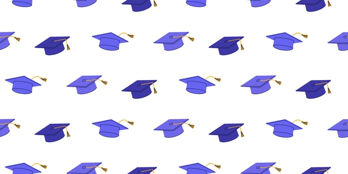 Seamless Pattern With Graduation Hats. Academic Cap Background. Education And School Graduation Concept For Wallpaper And Print Design. vector