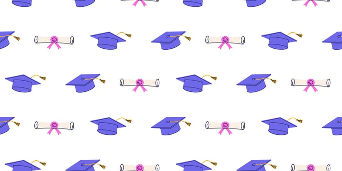 Seamless Pattern With Purple Graduation Hats And Diplomas Arranged On White Background. Graduation Celebration And Education Concept For Wallpaper And Print. vector