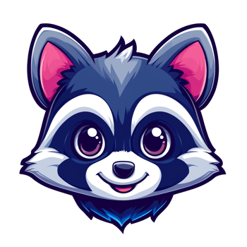 Adorable Cartoon Raccoon Face Vibrant Blue and Pink, Big Eyes, Happy Expression. Perfect for kids' products, logos, and illustrations. High-quality graphic. png