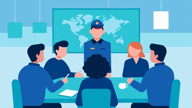 After Action Review A group of officers sitting down postoperation discussing the mission with a whiteboard and maps behind them capturing a moment of reflection and strategy.. vector