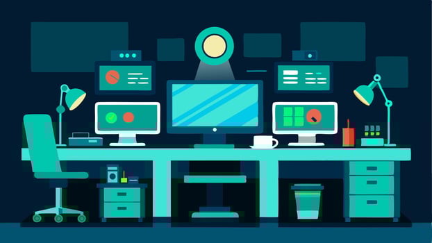 Data Recovery Lab A brightly lit lab filled with monitors where a spet types commands on a keyboard surrounded by various tech gadgets.. vector