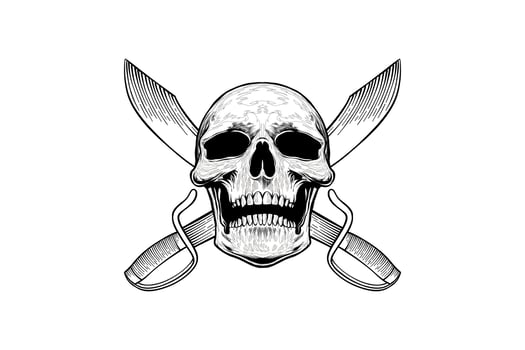 skull and sword line art illustration pirate symbol with engraving style vector