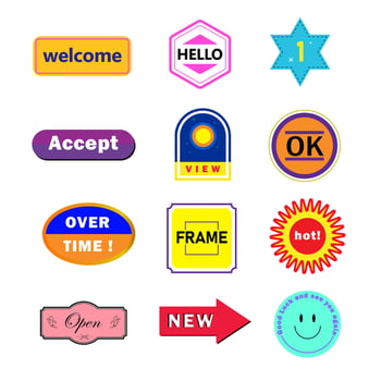 This image contains a collection of colorful icons and symbols commonly used in graphic design, web design, and user interface design. The icons convey various message and a smiley face vector