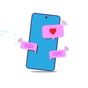 A simple, colorful illustration of a smartphone with a heart icon and speech bubbles, representing social media notifications or messaging apps. vector