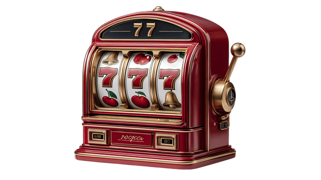Vintage red slot machine with three sevens and cherries isolated on transparent background png
