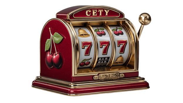 Classic red and gold slot machine with cherry symbols and triple seven jackpot isolated on transparent background png