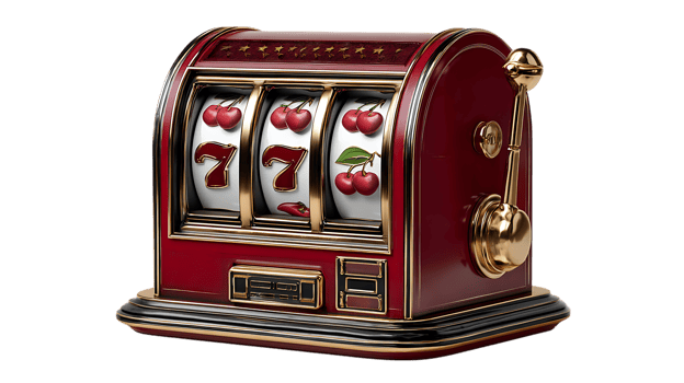 Classic cherry and seven slot machine with golden accents isolated on transparent background png